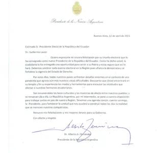 La misiva que Alberto Fernández le envió al nuevo presidente ecuatoriano, Guillermo Lasso