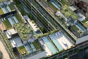 La vista aérea de los departamentos que se construyen en un proyecto top de Palermo Green