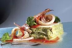 Lasaña de coliflor y brócoli con estofado marino
