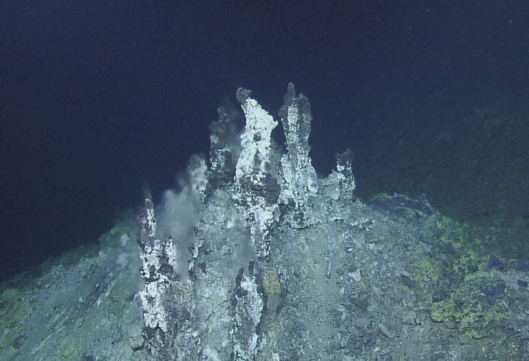 Una estructura de chimenea del campo de ventilación hidrotermal de Sea Cliff ubicada a más de 8800 pies (2700 metros) debajo de la superficie del mar en el límite submarino de las placas tectónicas del Pacífico y Gorda