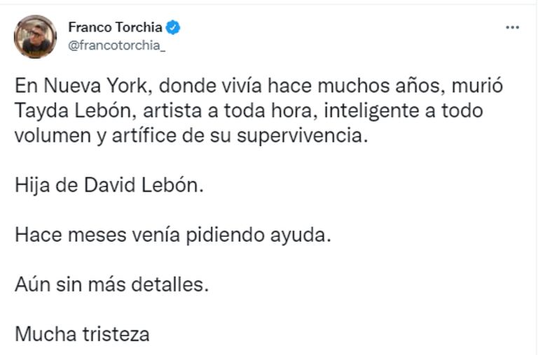 El periodista Franco Torchia confirmó la muerte de Tayda Lebón en su cuenta de Twitter