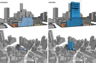 La imagen de la izquierda muestra el primer proyecto aprobado y la de la derecha la ampliación pedida por la empresa constructora en Palermo Chico