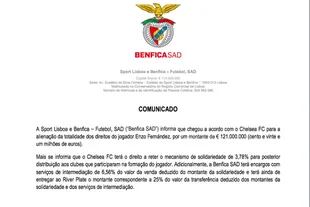 El comunicado oficial de Benfica a la Bolsa de Comercio de Lisboa con los detalles de la venta de Enzo Fernández a Chelsea, de Inglaterra