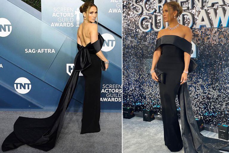 El look de Jennifer Lopez: la artista eligió un vestido negro con hombros descubiertos, cabello recogido y un gran collar como accesorio principal