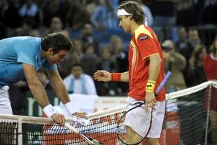 El saludo entre Ferrer y Del Potro, en la final de la Davis en Sevilla, tras el éxito del español