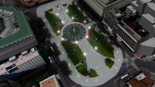 La imagen simula cómo se verá la Plaza de Mayo, durante la noche, luego de su puesta en valor