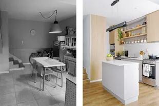 Hoy la cocina tiene muebles de melamina ‘Roble Natural’ con frentes laqueados en color gris (Egger), diseñados por las responsables de la reforma.