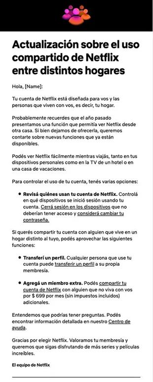 El mail que van a recibir los usuarios con cuentas de Netflix en la Argentina.