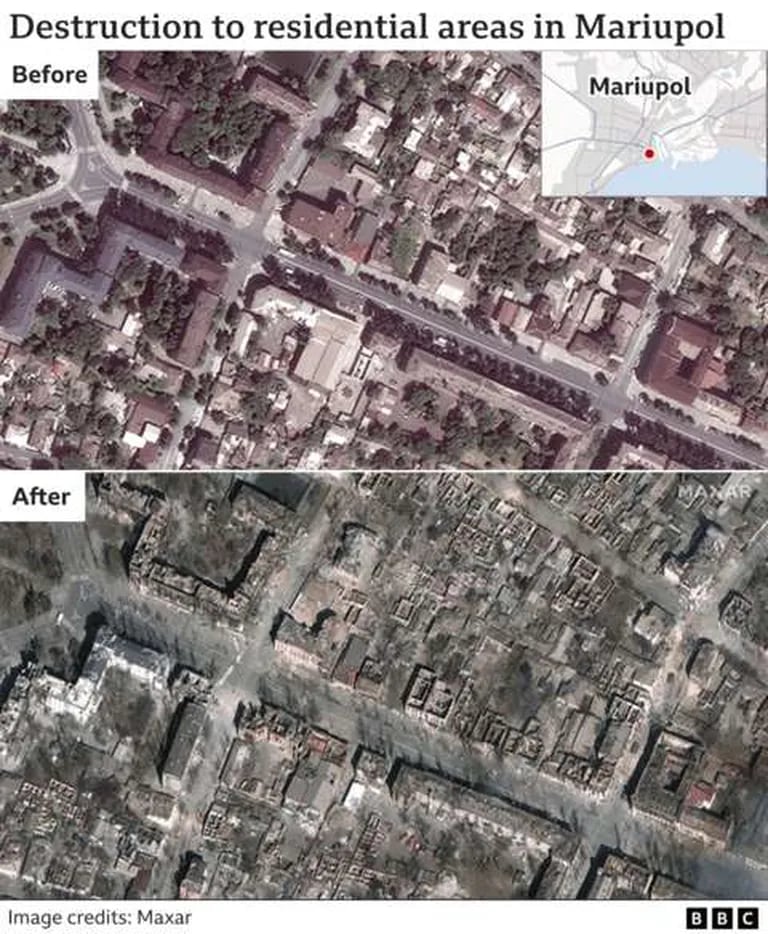 Antes y después de la ciudad de Mariupol, una de las zonas más afectadas por la invasión rusa
