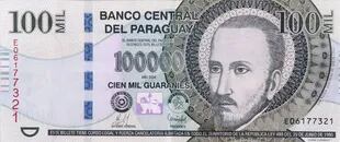 Billete de 100.000 guaraníes, con la imagen del santo jesuita Roque González de Santa Cruz. Se lanzó en 1998. El BCP no tuvo que volver a emitir billetes de mayor denominación porque logró domar parcialmente la inflación.