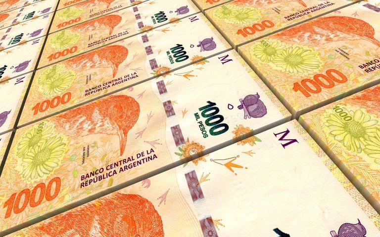 Argentina pesos bills stacks background. 3D illustration.