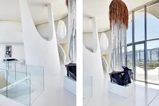 La araña ‘Prived Oca’ tiene un casquete de rafia del que caen cristales enhebrados (Hermanos Campana), justo encima de la escultura de Edoardo Villa.