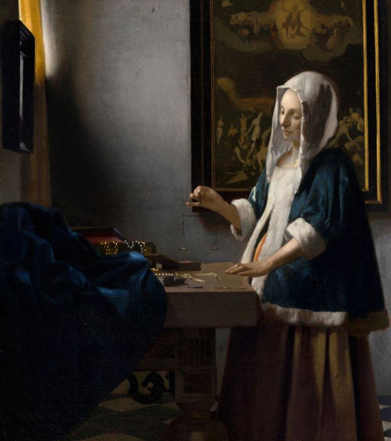 Era común que en los cuadros aparecieran otros cuadros, incluso en varias obras de Vermeer, como esta "Mujer con la balanza, 1662-1665"