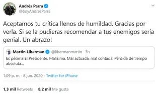El tuit de Andrés Parra en respuesta al de Martín Liberman