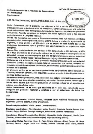 La carta a Kicillof de referentes de JxC en la provincia