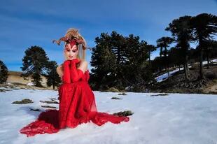 Titi Ricciuto como drag queen, entre araucarias.
