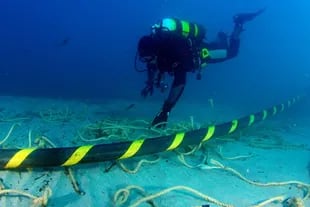 Un buzo inspecciona un cable submarino