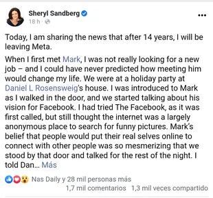 El posteo de Sheryl Sandberg anunciando que abandona Facebook
