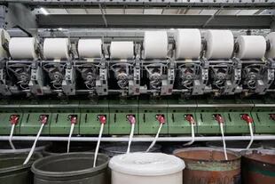 El algodón va de los tachos a las máquinas que la afinan hasta convertirlo en hilo para la fabricación de remeras, buzos y más productos textiles.