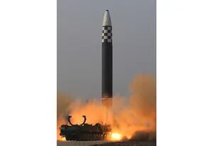 24 March 2022, North Korea, Pyongyang: A photo released by North Korea's official Korean Central News Agency shows Hwasong-17 intercontinental ballistic missile (ICBM) launching from Pyongyang International Airport. The North's leader Kim Jong-un approved the launch, and the missile traveled up to a maximum altitude of 6,248.5 kilometers and flew a distance of 1,090 km before falling into the East Sea, the KCNA said. Photo: -/YNA/dpa