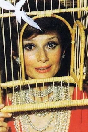 Audrey Hepburn fue una de las celebridades de esa noche, que llegó al lugar con una jaula dorada de pájaros