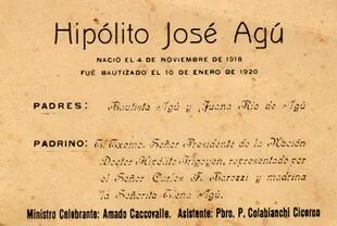 Recuerdo de bautismo del joven Hipólito José Agu, ahijado de Hipólito Yrigoyen.
