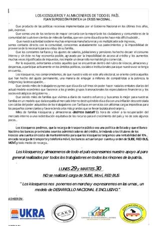 El comunicada de la Unión de Kiosqueros de la República Argentina sobre la iniciativa de los días 29 y 30 de abril