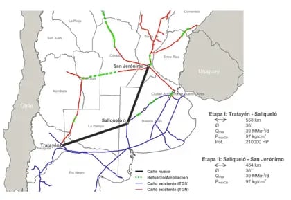 Mapa del nuevo gasoducto que conecta Vaca Muerta con Buenos Aires