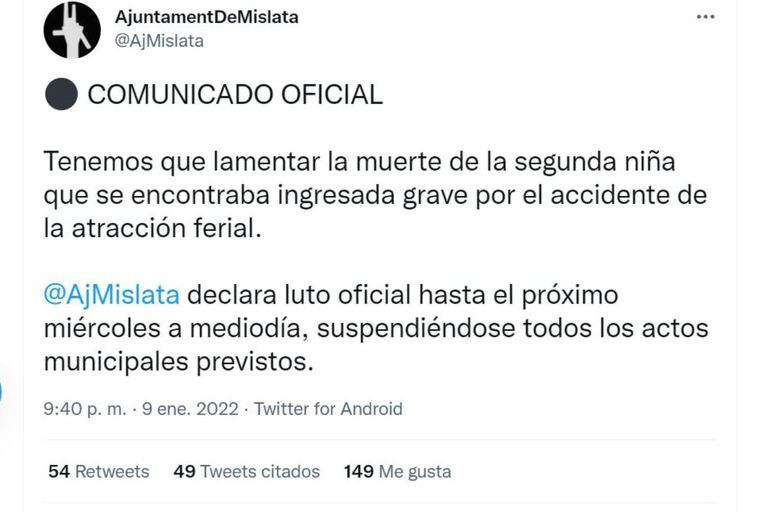 El mensaje oficial del ayuntamiento de Mislata en el que informa que una segunda niña falleció en el accidente del castillo inflable