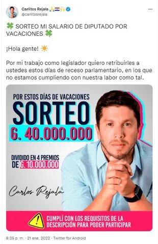 Al estilo Javier Milei: un diputado paraguayo sortea su sueldo por estar de vacaciones.