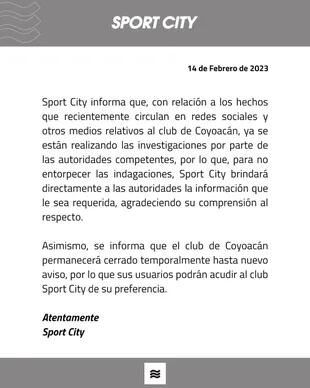 El comunicado de Sport City