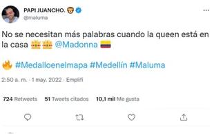 Luego del concierto histórico, Maluma posteó en su cuenta de Twitter y trató de "Reina" a Madonna