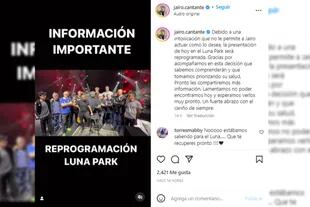 Jairo debió suspender su show en el Luna Park (Foto Instagram @jairo.cantante)