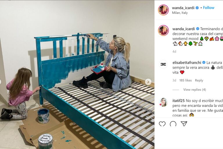 Wanda Nara se mostró pintando una cama de la nueva casa quinta que tiene en las afuera de Milán, Italia