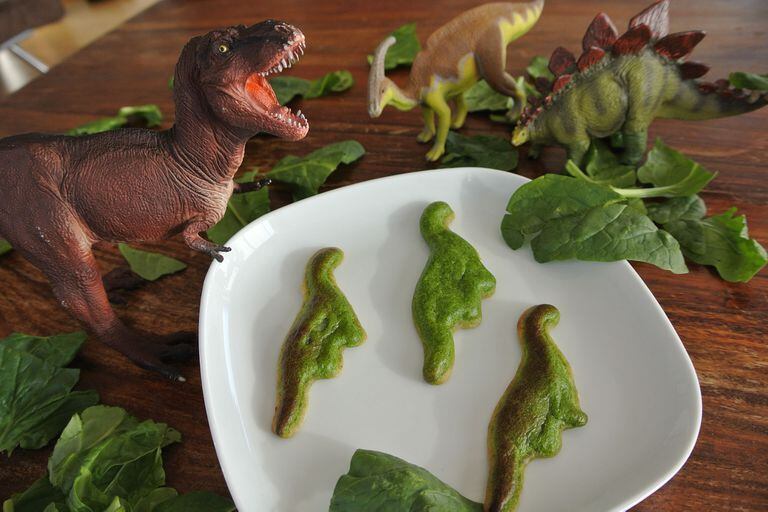 Quiche de espinacas con forma de dinosaurios, creación en impresora 3D