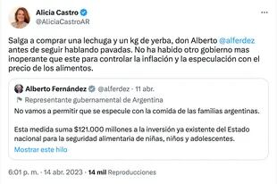 El tuit con el que Alicia Castro criticó a Alberto Fernández