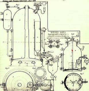 El croquis de la primera máquina de espresso patentada por Angelo Moriondo en 1884