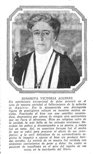 Nota necrológica de Victoria Aguirre, fallecida en 1927.
