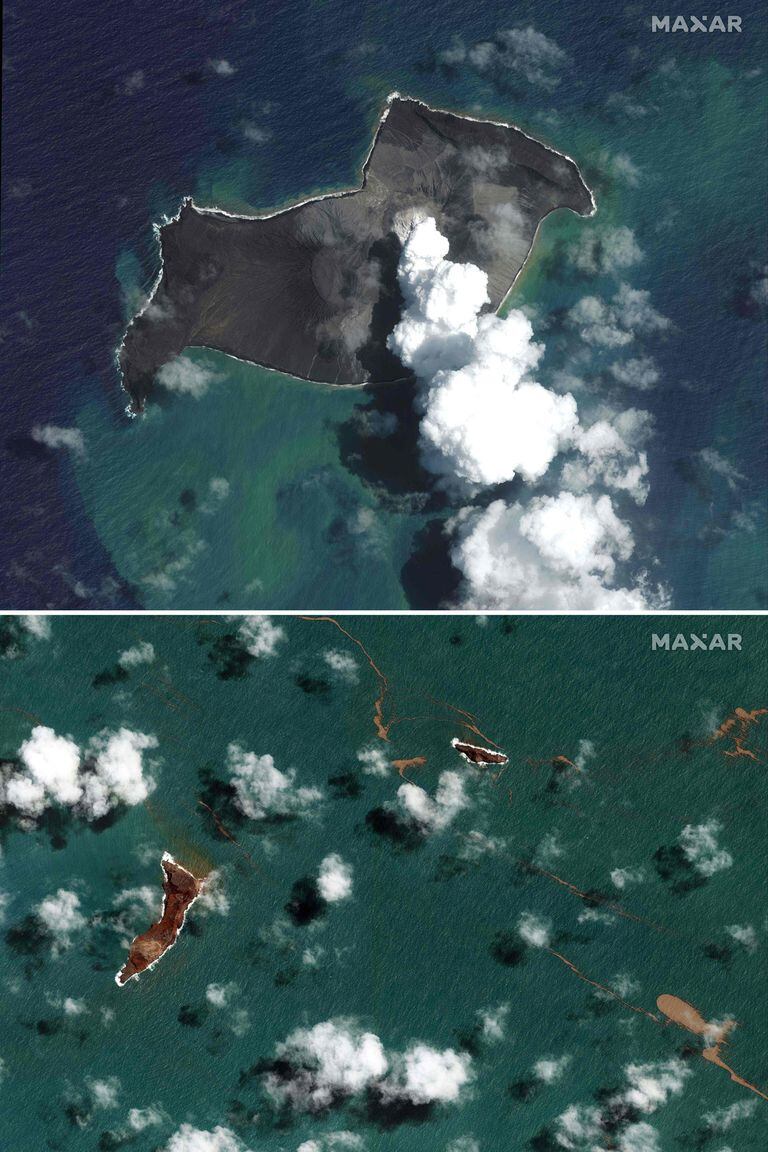 This combination of satellite images released by Maxar Technologies on January 18, 2022 shows the Hunga-Tonga - Hunga-Haa'pai volcano (top image) on January 6, 2022 as it releases ash and smoke;  and the same location on January 18, 2022 (bottom image), three days after a massive eruption destroyed most of the island on January 15, devastating nearby Tonga and triggering a tsunami in the Pacific Ocean.  (Photo by Handout / Satellite image ©2022 Maxar Technologies / AFP)