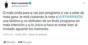 Brian Lazelotta participó del debate en Twitter sobre la actitud de Luciano Castro en Los Mammones