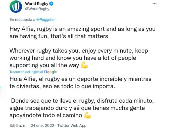 El mensaje de World Rugby para Alfie Pugsley