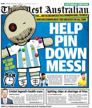 La tapa de The West Australian, con Messi como muñeco vudú