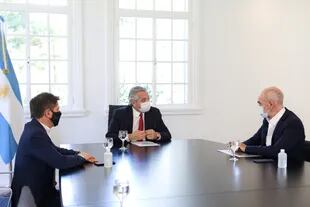 Reunion entre el Presidente Alberto Fernandez, el Gobernador por Buenos Aires Axel Kicillof y el Jefe de Gobierno de la Ciudad de Buenos Aires Horacio Rodriguez Larreta.