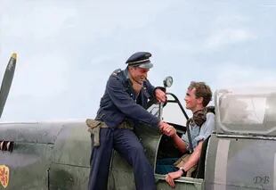 Charney, en la cabina, y Clostermann, luego del épico combate sobre Normandia