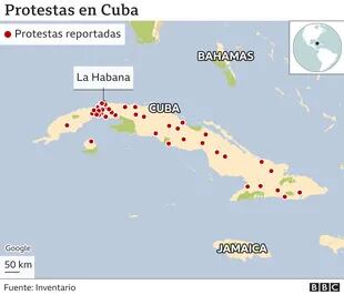 Los focos de protestas reportadas en Cuba