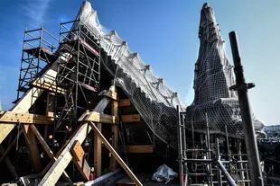 Andamios y redes para realizar los trabajos preliminares en la Catedral de Notre-Dame