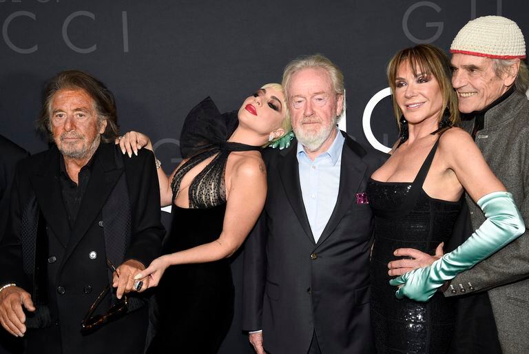 Al Pacino, Lady Gaga, director Ridley Scott, Giannina Facio and Jeremy Irons attend the premiere of The House of Gucci at Lincoln Center in New York