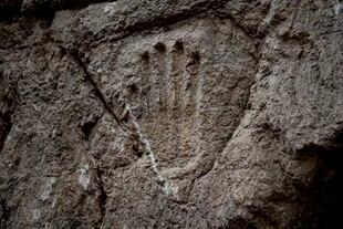 Una huella de mano tallada descubierta en un antiguo muro de foso alrededor de la Ciudad Vieja de Jerusalén.