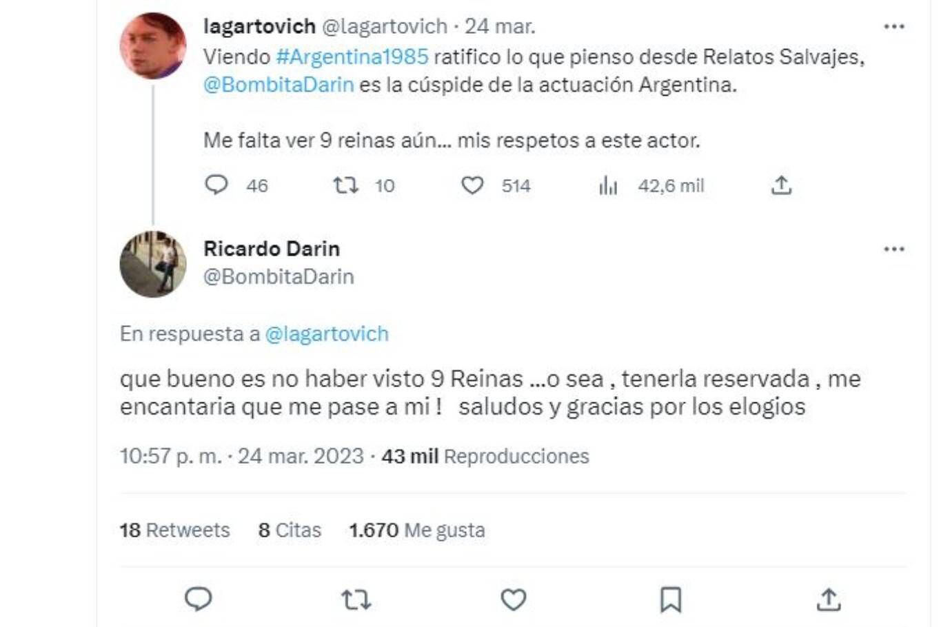 Ricardo Darín confesó en Twitter que le encantaría volver a ver Nueve Reinas