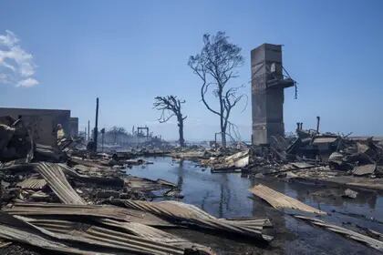 Imagen del 9 de agosto de 2023 en Lahaina, Maui, donde todo es devastación por los incendios forestales (Tiffany Kidder Winn via AP)